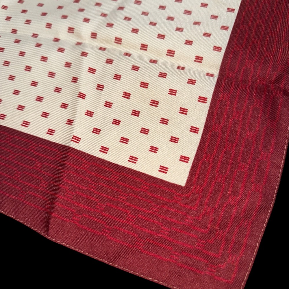 Vintage Silk Pocket Square Burgundy Red Cream Geometric Chain Link Hand Rolled
